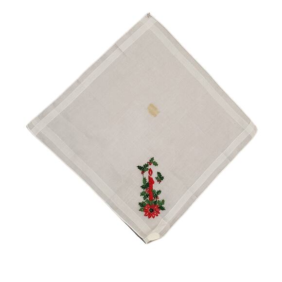 VINTAGE CHRISTMAS CANDLE POINSETTIA HANDKERCHIEF MADE IN SWITZERLAND EMBROIDERED - Picture 8 of 9